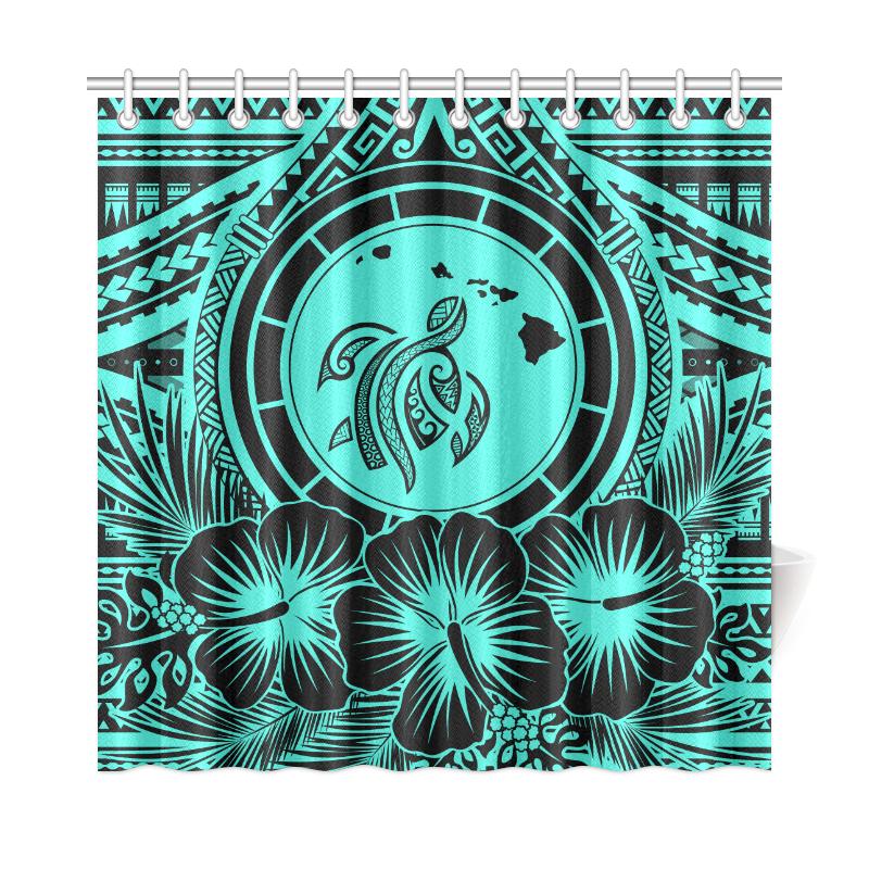 Hawaii Map Honu Hibiscus Turquoise Polynesian Shower Curtain - Polynesian Pride