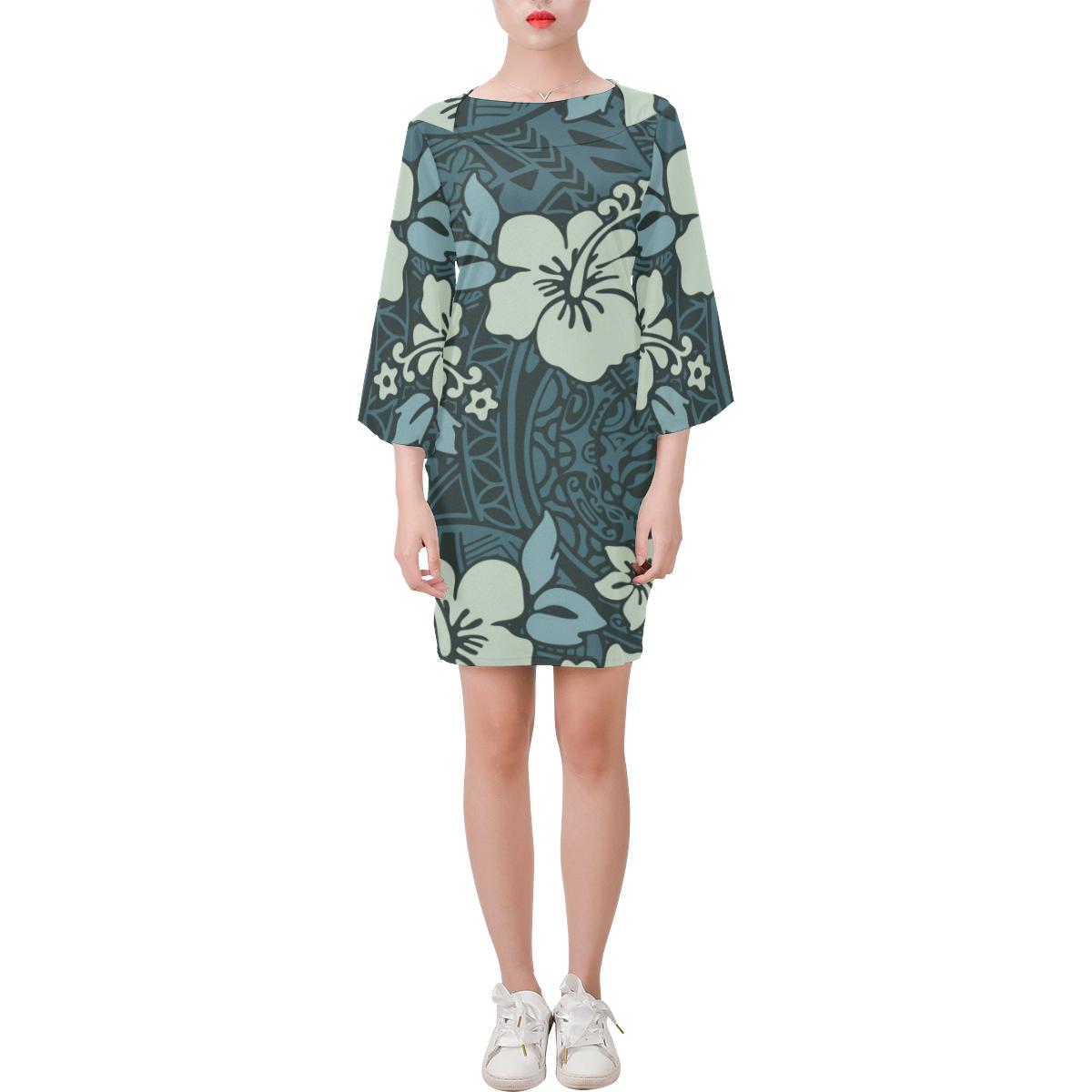 Hawaii Bell Sleeve Dress - Hibiscus Tribal Pattern Women Blue - Polynesian Pride