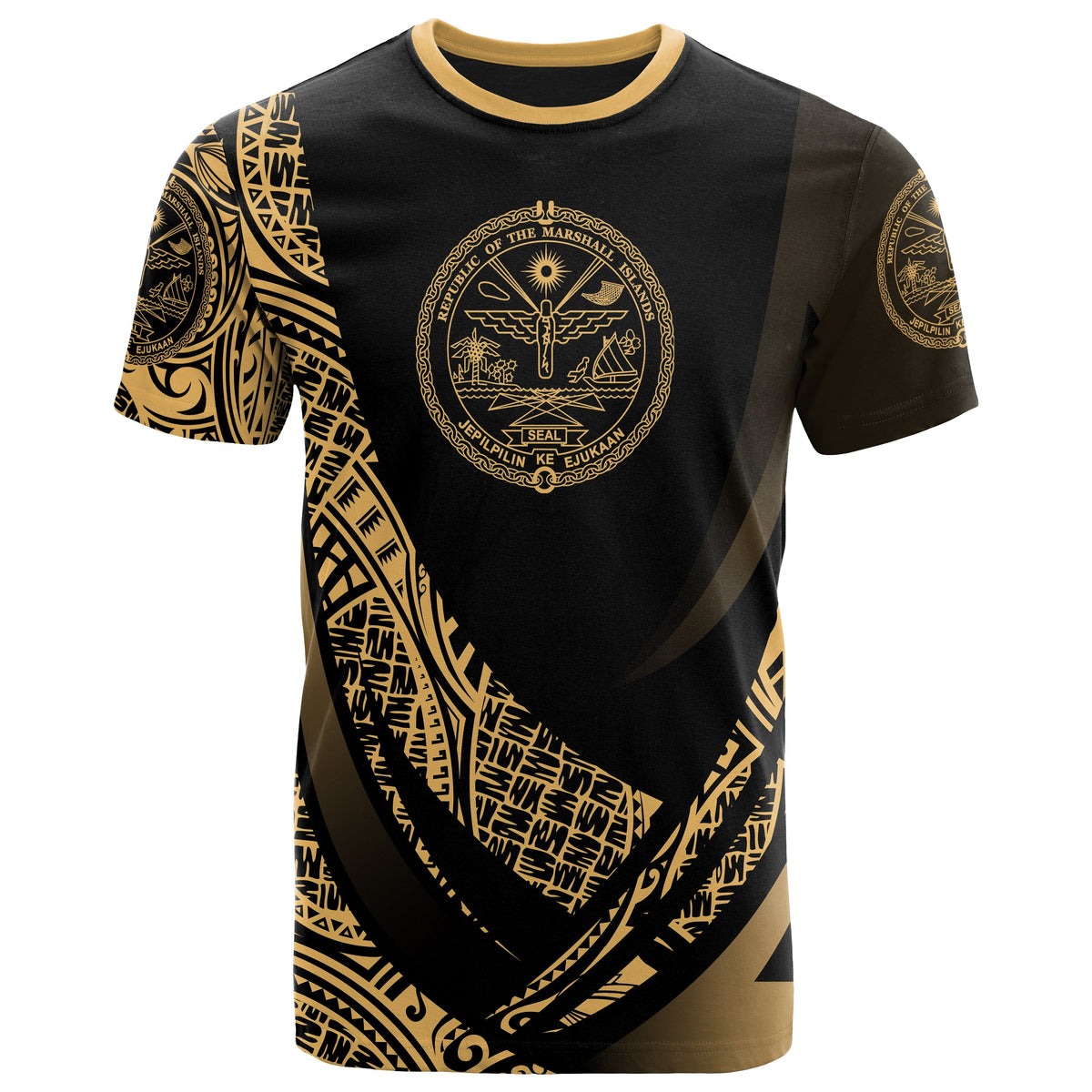 Marshall Islands T Shirt Gold Polynesian Patterns Sport Style Unisex Black - Polynesian Pride