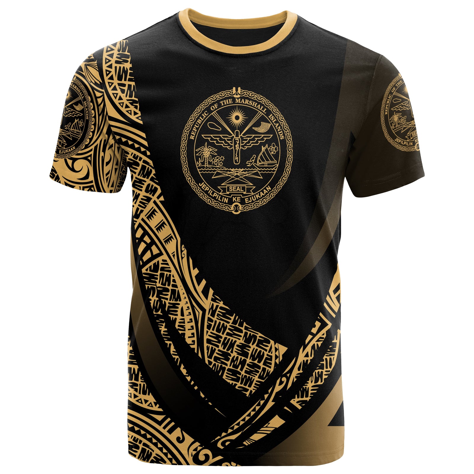 Marshall Islands T Shirt Gold Polynesian Patterns Sport Style Unisex Black - Polynesian Pride