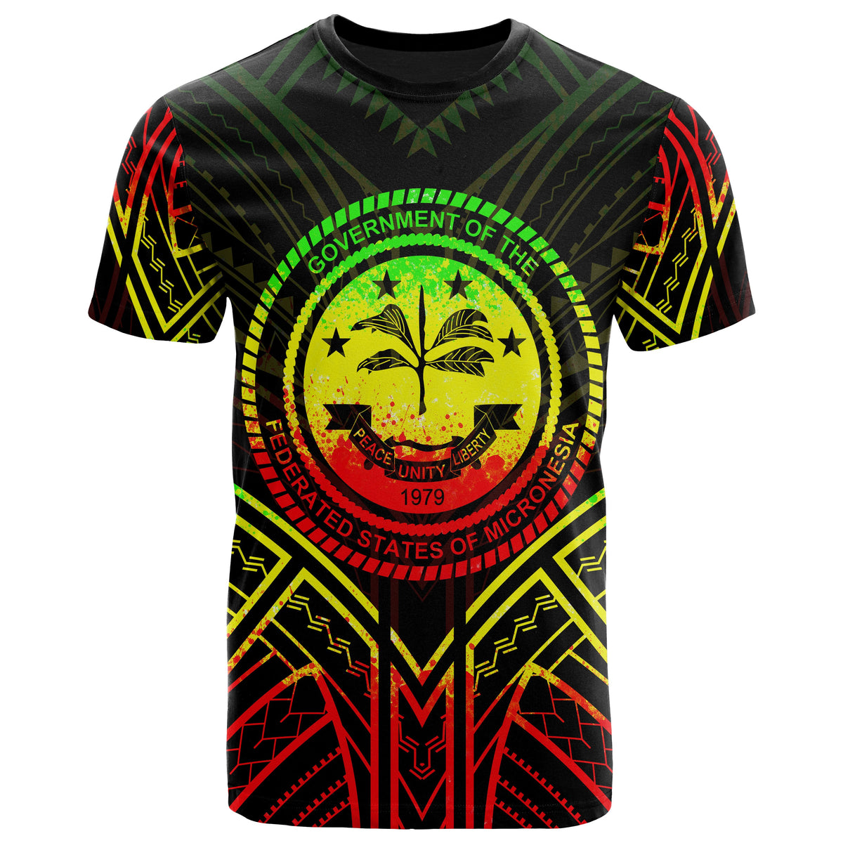 Federated States of Micronesia T Shirt FSM Seal Tribal Reggae Color Patterns Unisex Black - Polynesian Pride