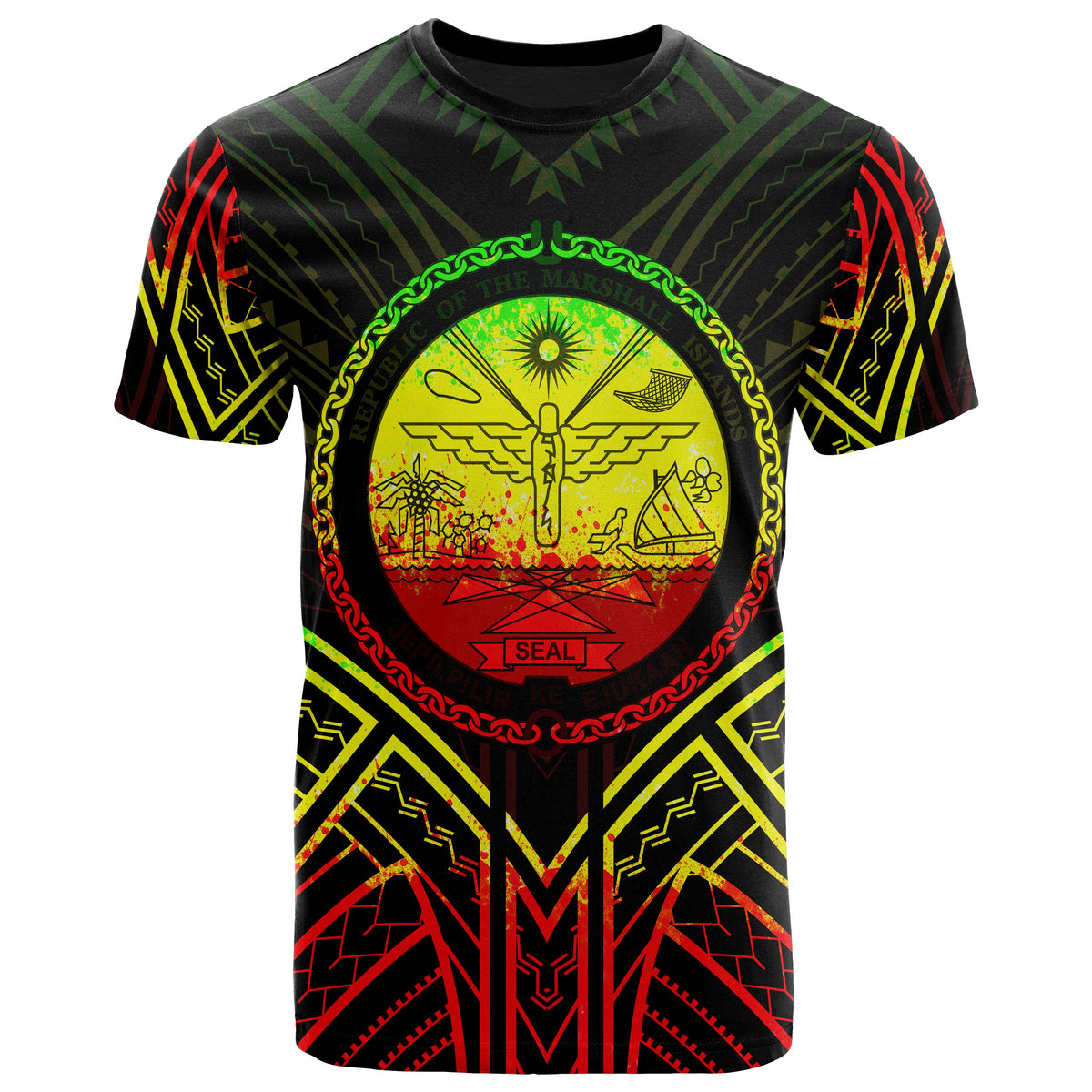 Marshall T Shirt Marshall Seal Tribal Reggae Color Patterns Unisex Black - Polynesian Pride
