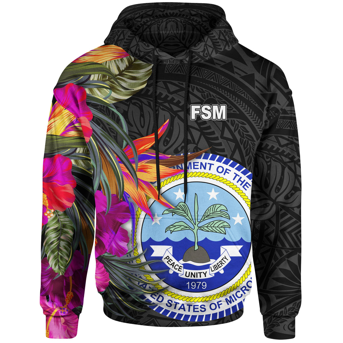 Federated States of Micronesia Hoodie Hibiscus Polynesian Pattern Unisex Black - Polynesian Pride
