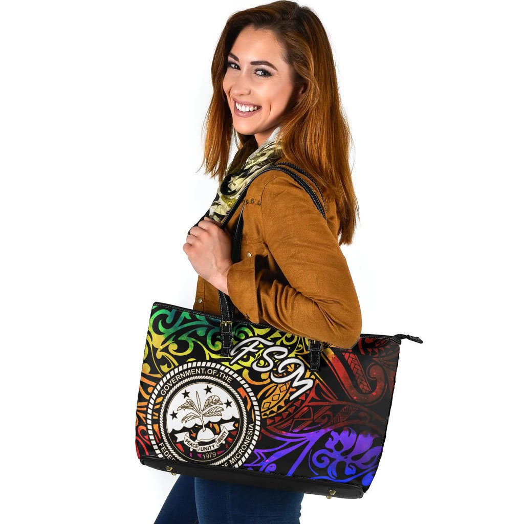 Federated States of Micronesia Large Leather Tote Bag - Rainbow Polynesian Pattern - Polynesian Pride