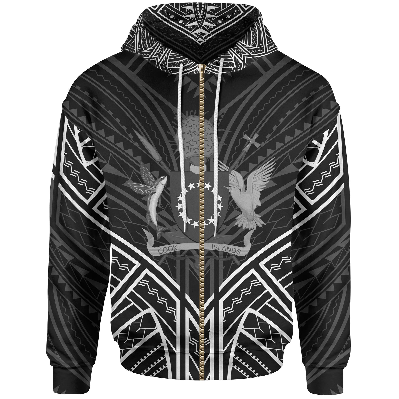 Cook Islands Zip Hoodie Cook Islands Seal Black Tribal Patterns Unisex White - Polynesian Pride