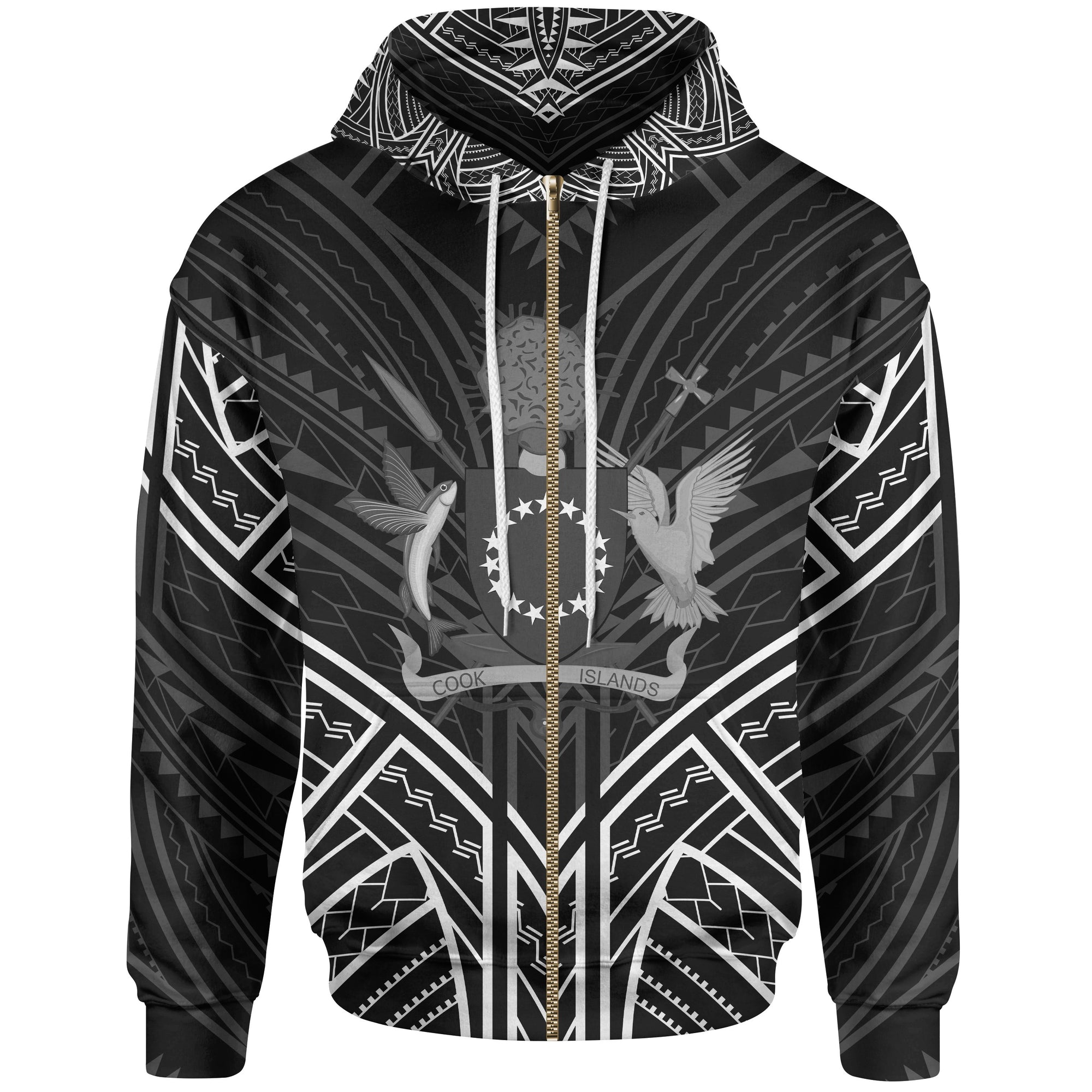Cook Islands Zip Hoodie Cook Islands Seal Black Tribal Patterns Unisex White - Polynesian Pride