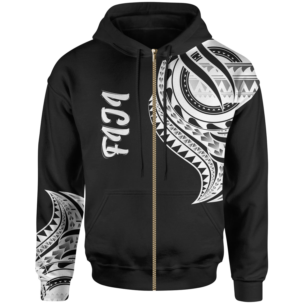 Fiji Zip Hoodie Fiji Tatau Patterns Unisex Black - Polynesian Pride