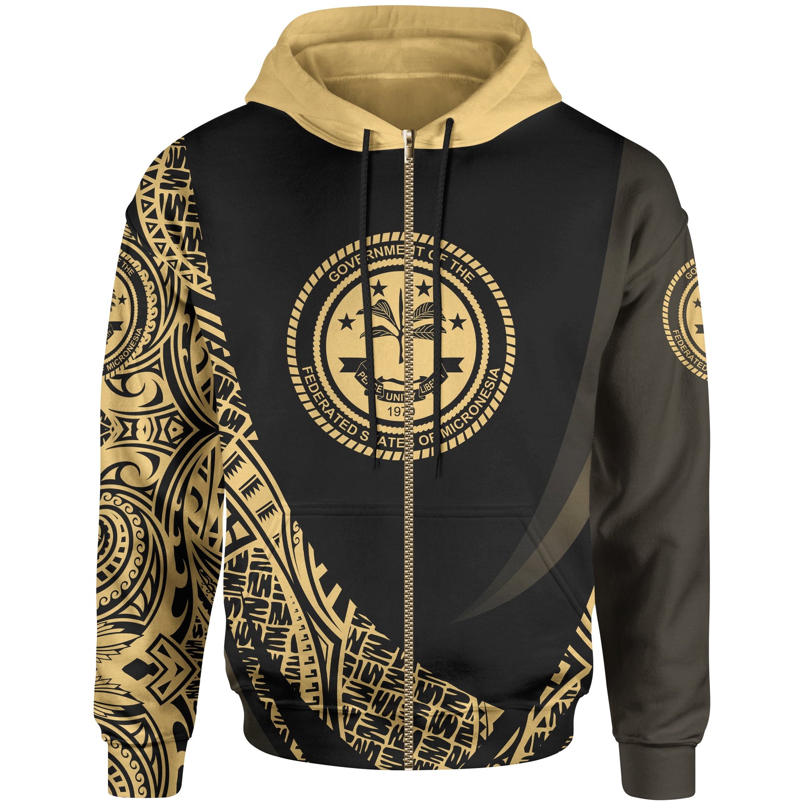 Federated States of Micronesia Zip Hoodie Gold Polynesian Patterns Sport Style Unisex Black - Polynesian Pride