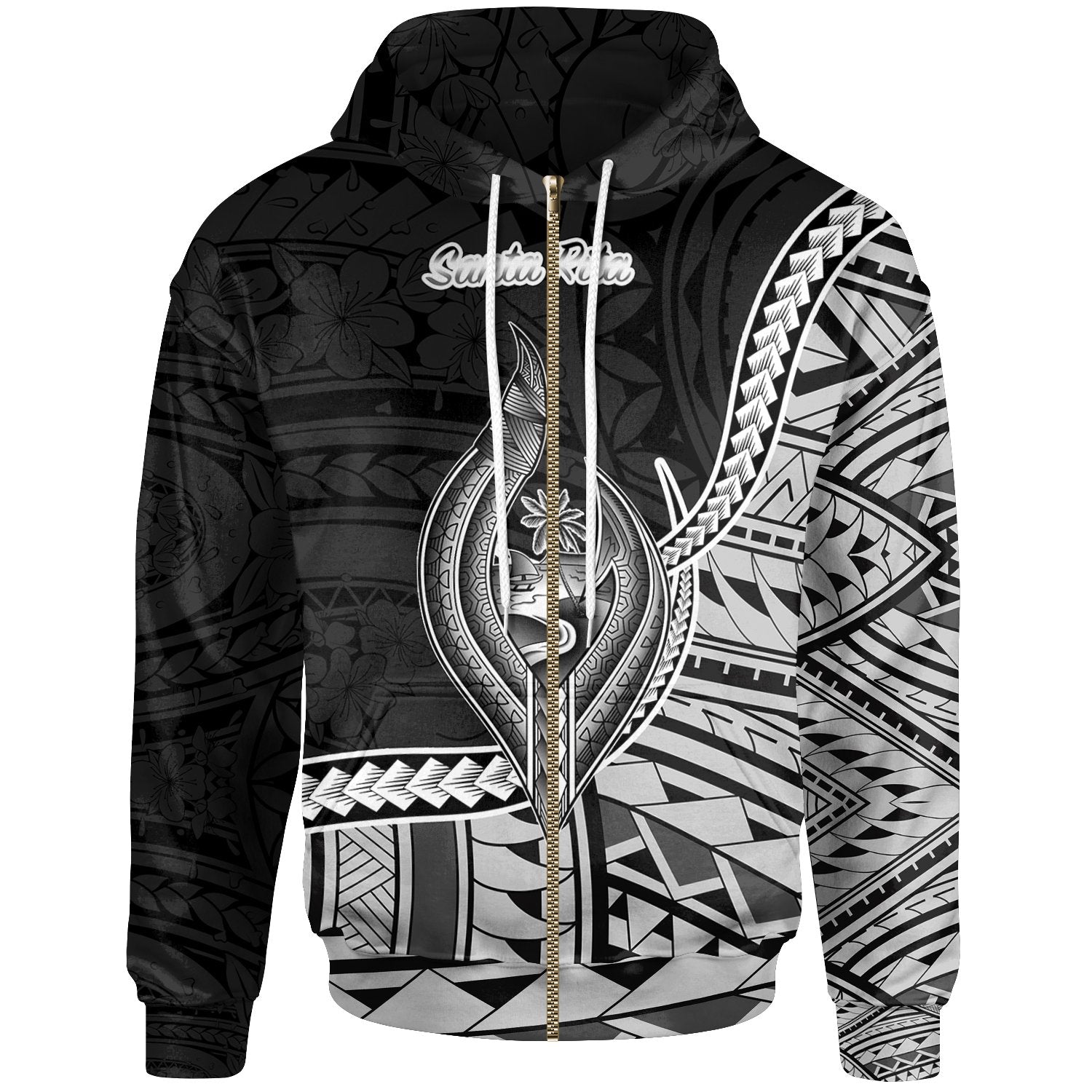 Guam Zip Hoodie Santa Rita Seal of Guam Polynesian Patterns Unisex Black - Polynesian Pride