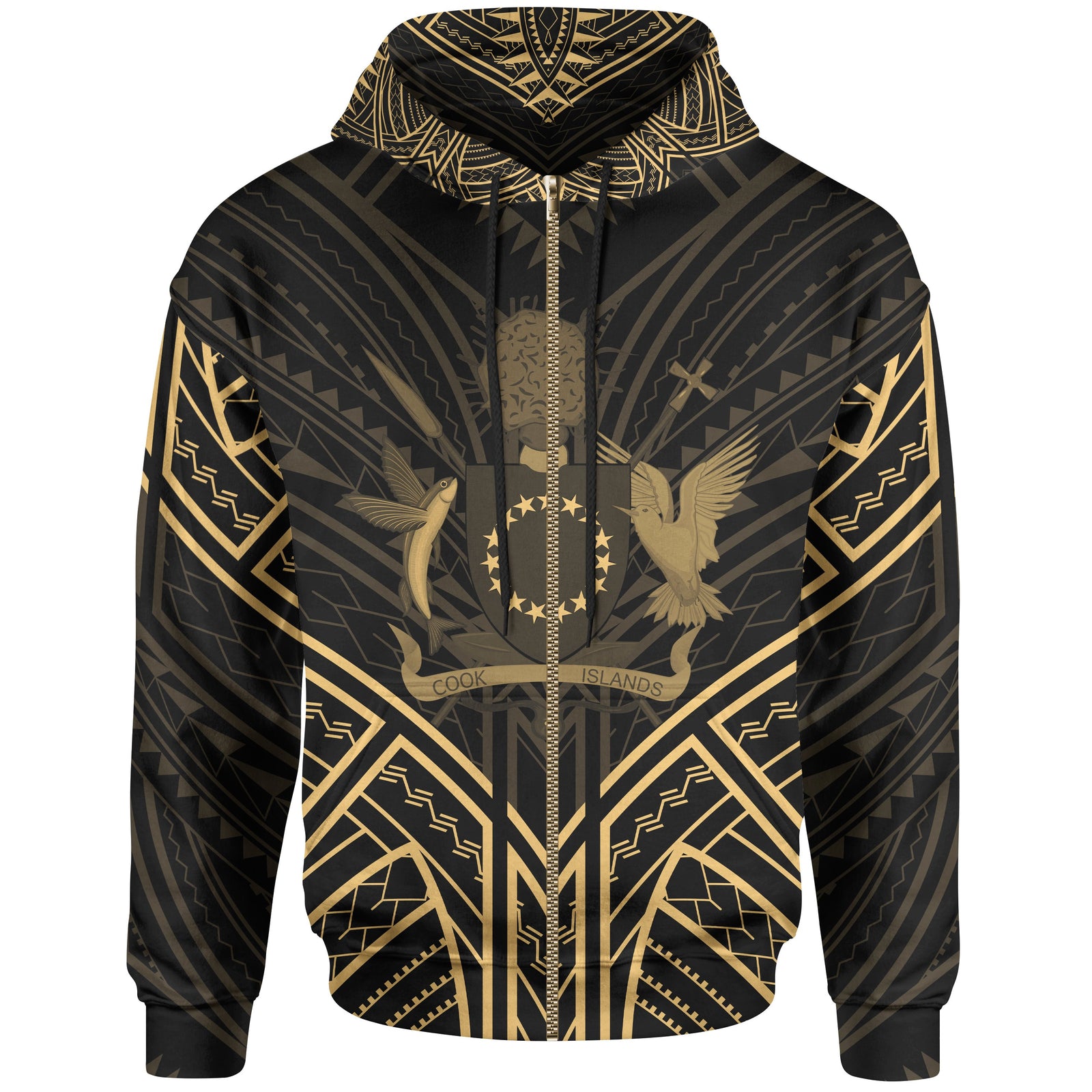 Cook Islands Zip Hoodie Cook Islands Seal Gold Tribal Patterns Unisex White - Polynesian Pride