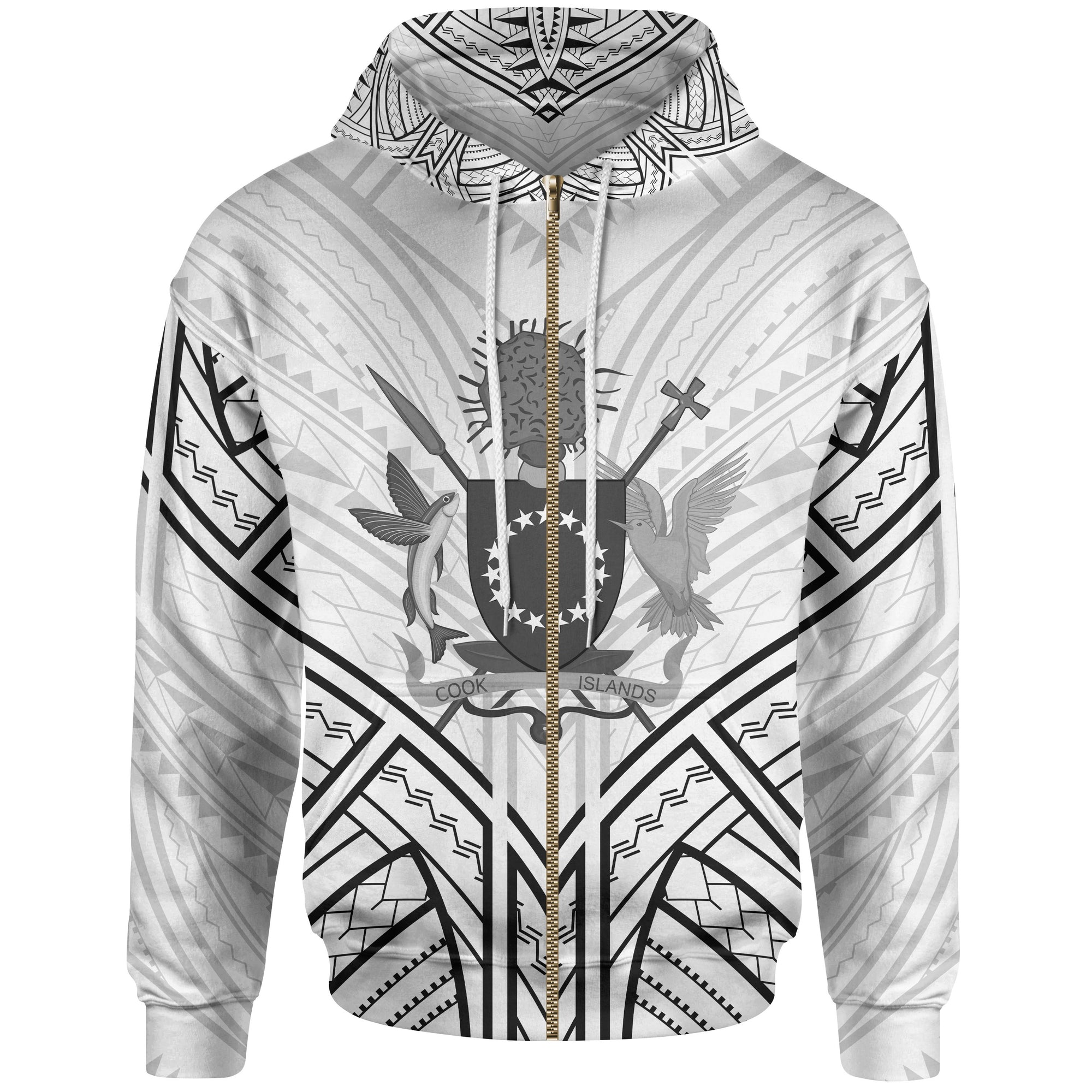 Cook Islands Zip Hoodie Cook Islands Seal Tribal Patterns Unisex White - Polynesian Pride