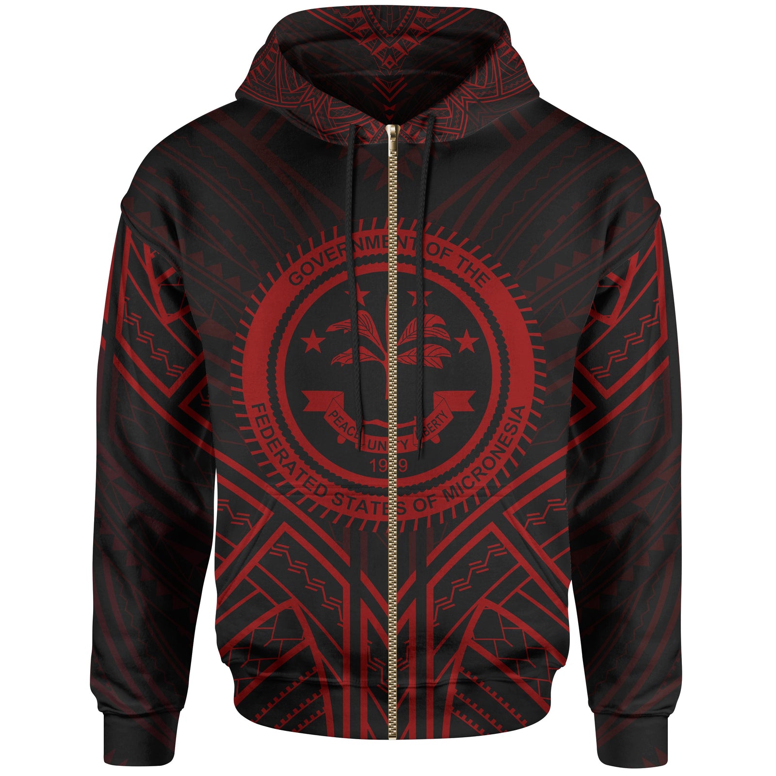 Federated States of Micronesia Zip Hoodie Federated States of Micronesia Seal Red Tribal Patterns Unisex Black - Polynesian Pride