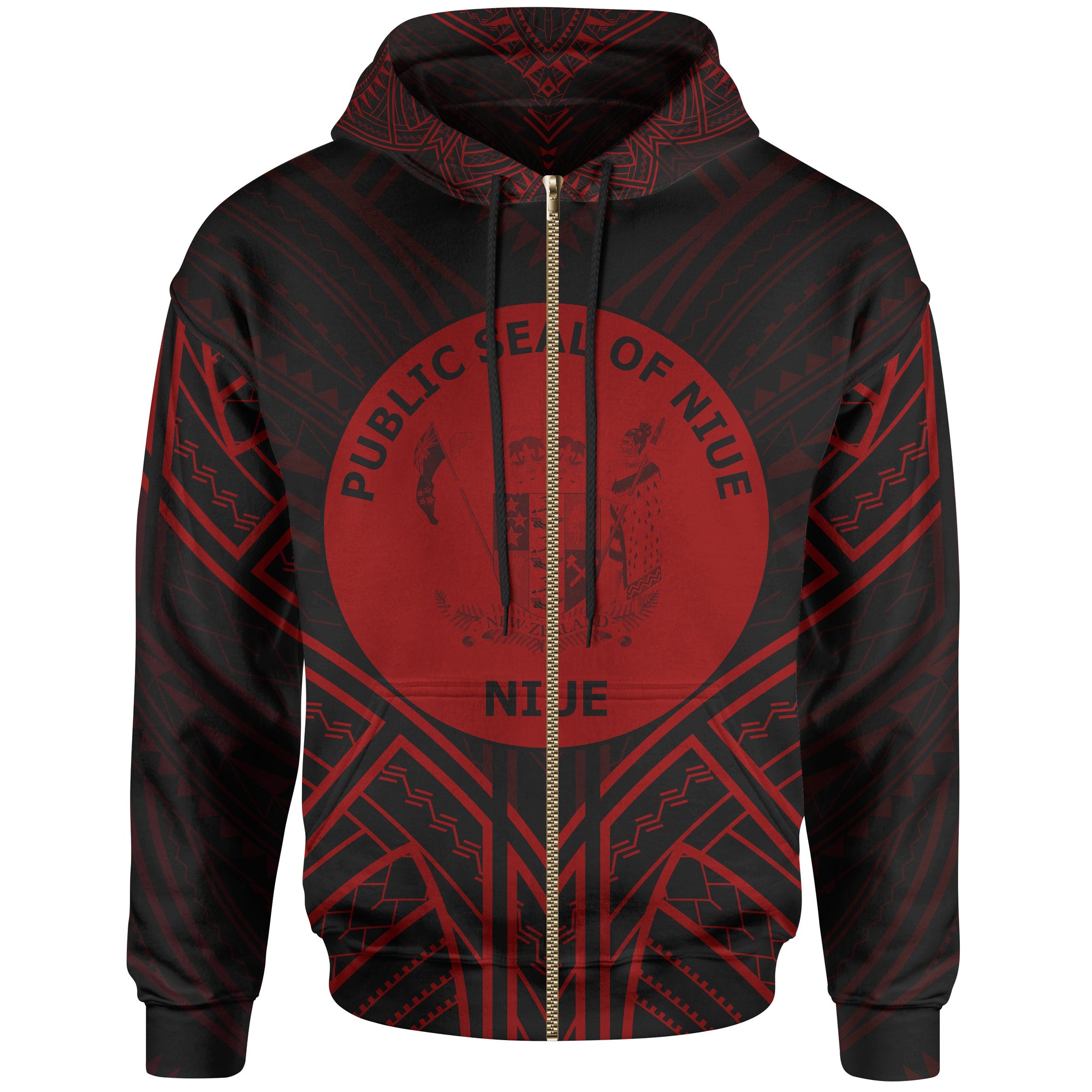 Niue Zip Hoodie Niue Seal Red Tribal Patterns Unisex White - Polynesian Pride