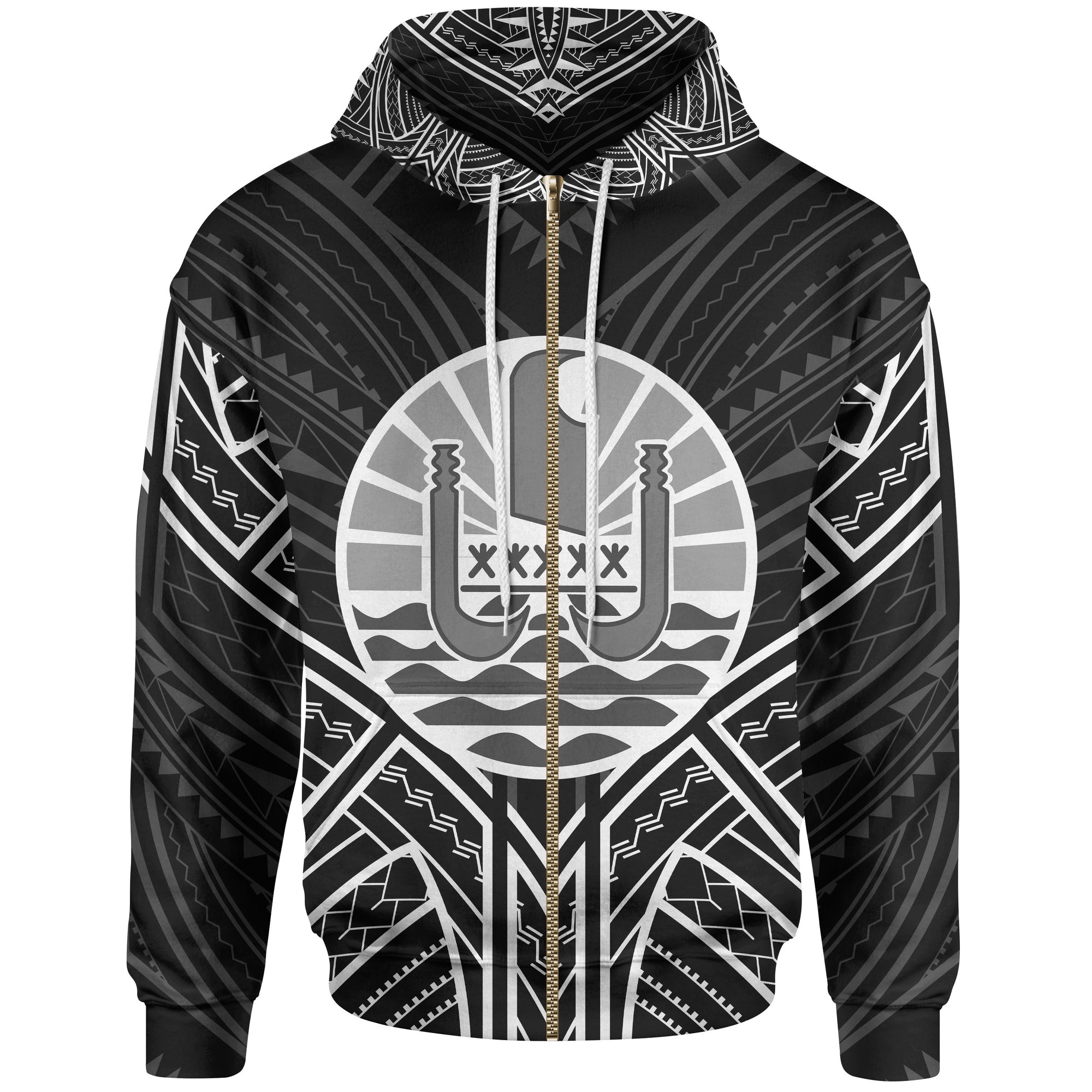 French Polynesia Zip Hoodie French Polynesia Seal Black Tribal Patterns Unisex White - Polynesian Pride