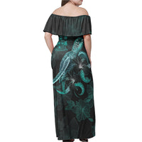 Fiji Woman Off Shoulder Long Dress - Fiji Coat Of Arms With Polynesian Turtle Blooming Hibiscus Turquoise - Polynesian Pride