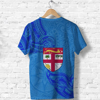 Custom Blue T Shirt Fiji Rugby Polynesian Waves Style - Polynesian Pride