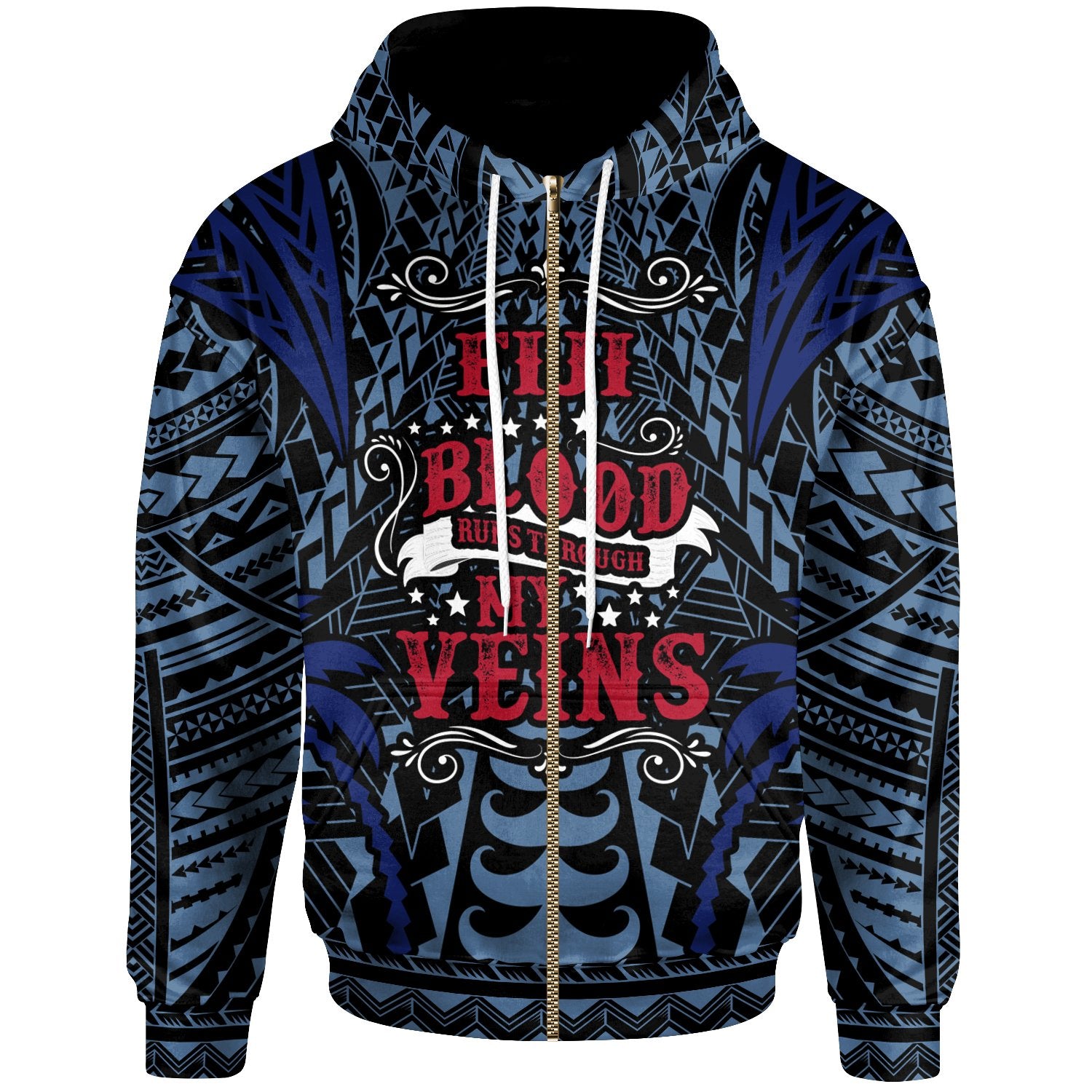 Fiji Zip up Hoodie Blood Runs Through My Veins Style Flag Unisex Blue - Polynesian Pride