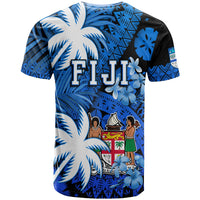 Fiji Coat of Arms T Shirt Masi Tapa Mixed Palm Tree No2 Blue Color Version LT9 - Polynesian Pride