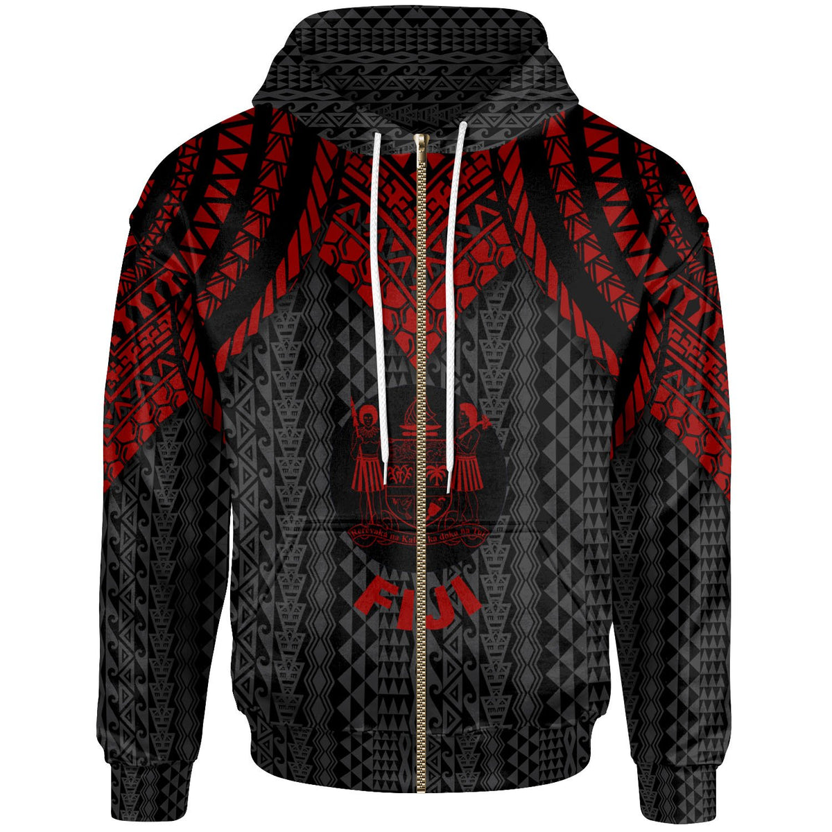 Fiji Zip up Hoodie Polynesian Armor Style Red Unisex Red - Polynesian Pride