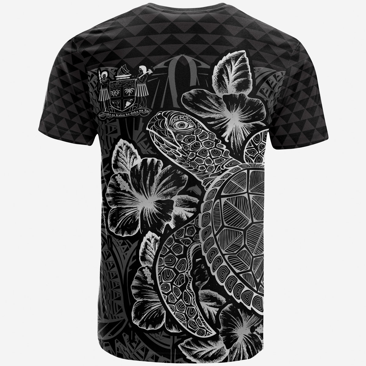 Fiji T Shirt Fijian Coat of Arms Turtle Hibiscus Black - Polynesian Pride