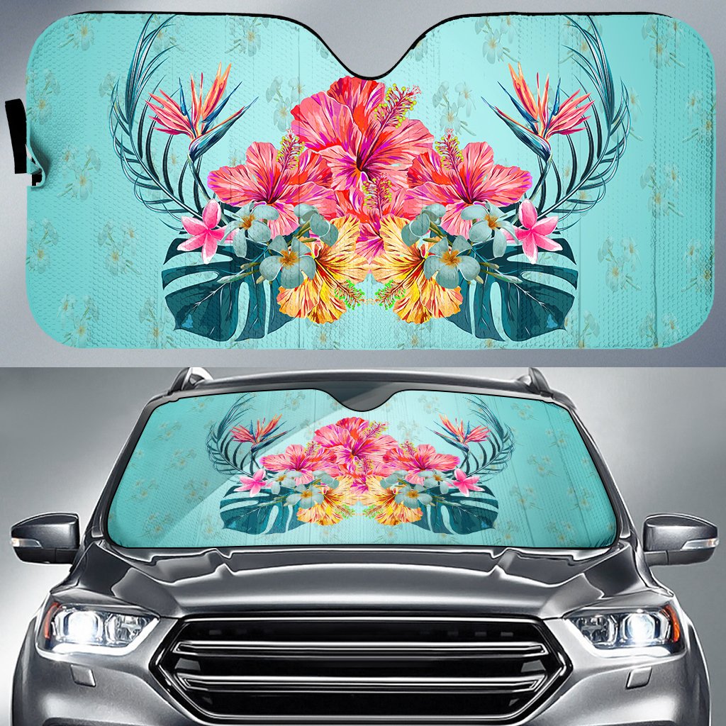 Flower Hibicus Plumeria Centre Car Sun Shade AH Auto Sun Shade Universal Fit White - Polynesian Pride