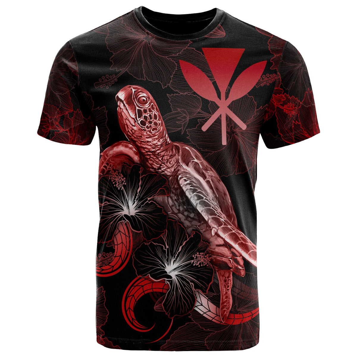 Hawaii Polynesian T Shirt Turtle With Blooming Hibiscus Red Unisex Red - Polynesian Pride