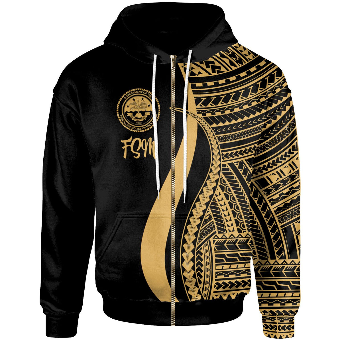 Federated States of Micronesia Zip up Hoodie Gold Tentacle Tribal Pattern Unisex Gold - Polynesian Pride