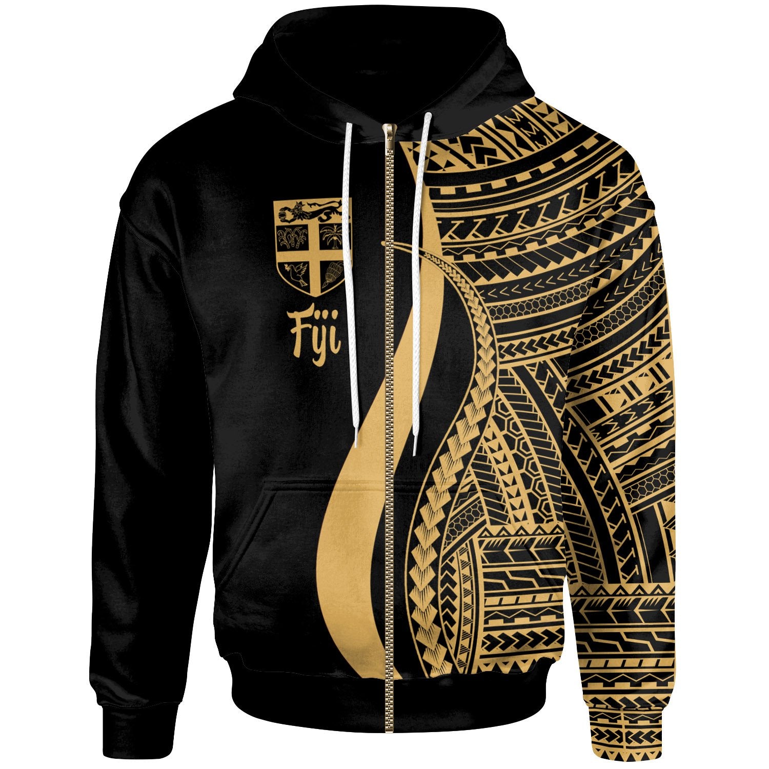 Fiji Zip up Hoodie Gold Tentacle Tribal Pattern Unisex Gold - Polynesian Pride