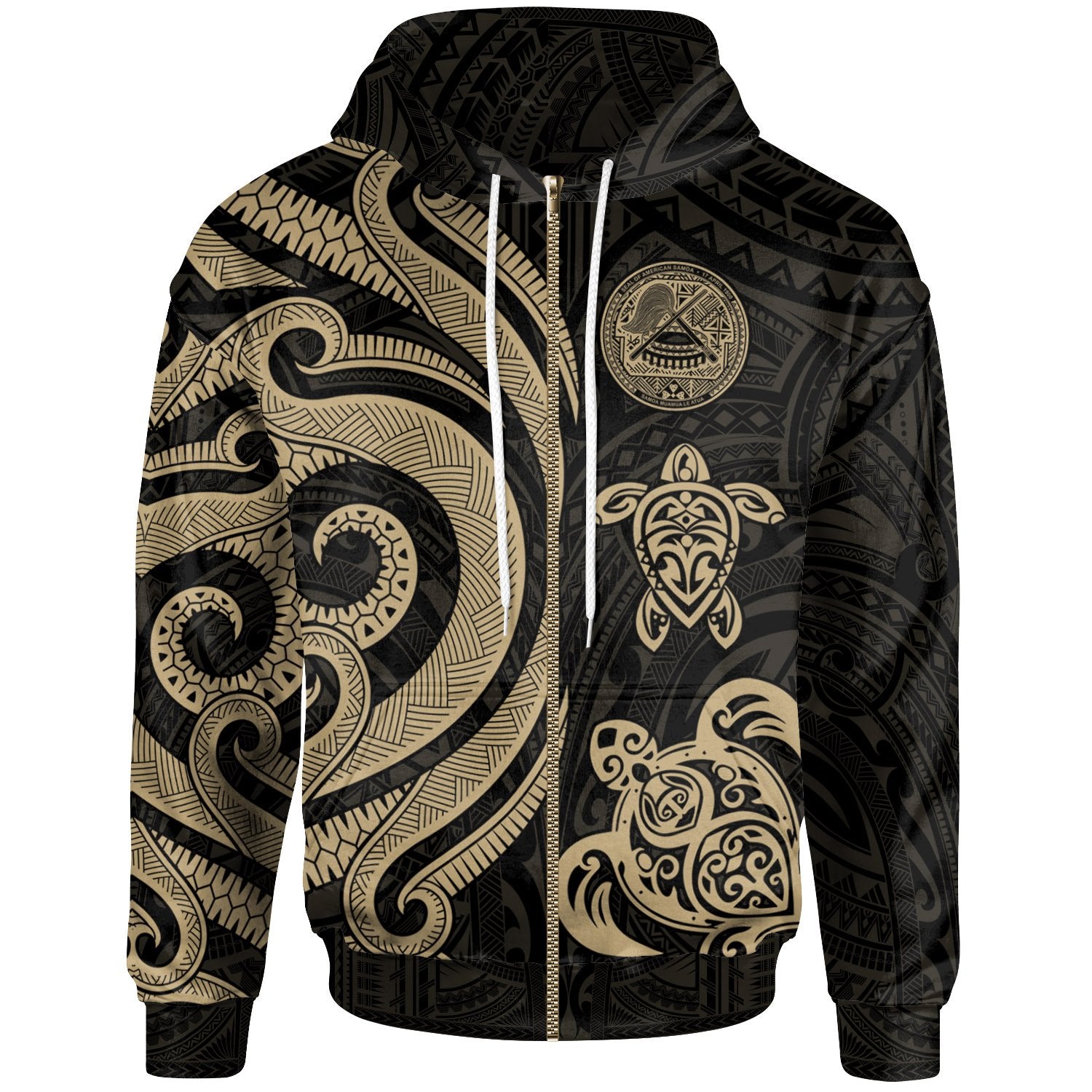 American Samoa Polynesian Zip up Hoodie Gold Tentacle Turtle Unisex Gold - Polynesian Pride