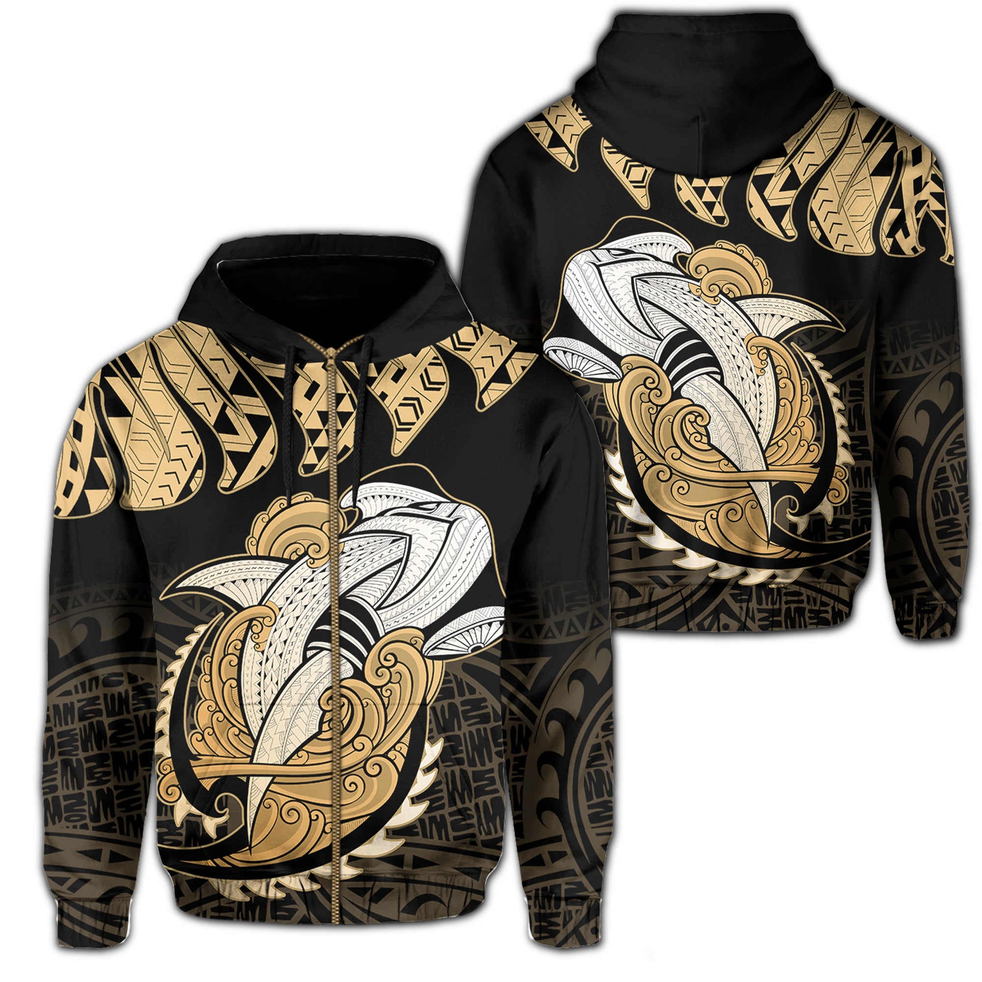 Hawaii Polynesian Aumakua Hammerhead Shark Hoodie Zip Cloud Style Gold Unisex Gold - Polynesian Pride