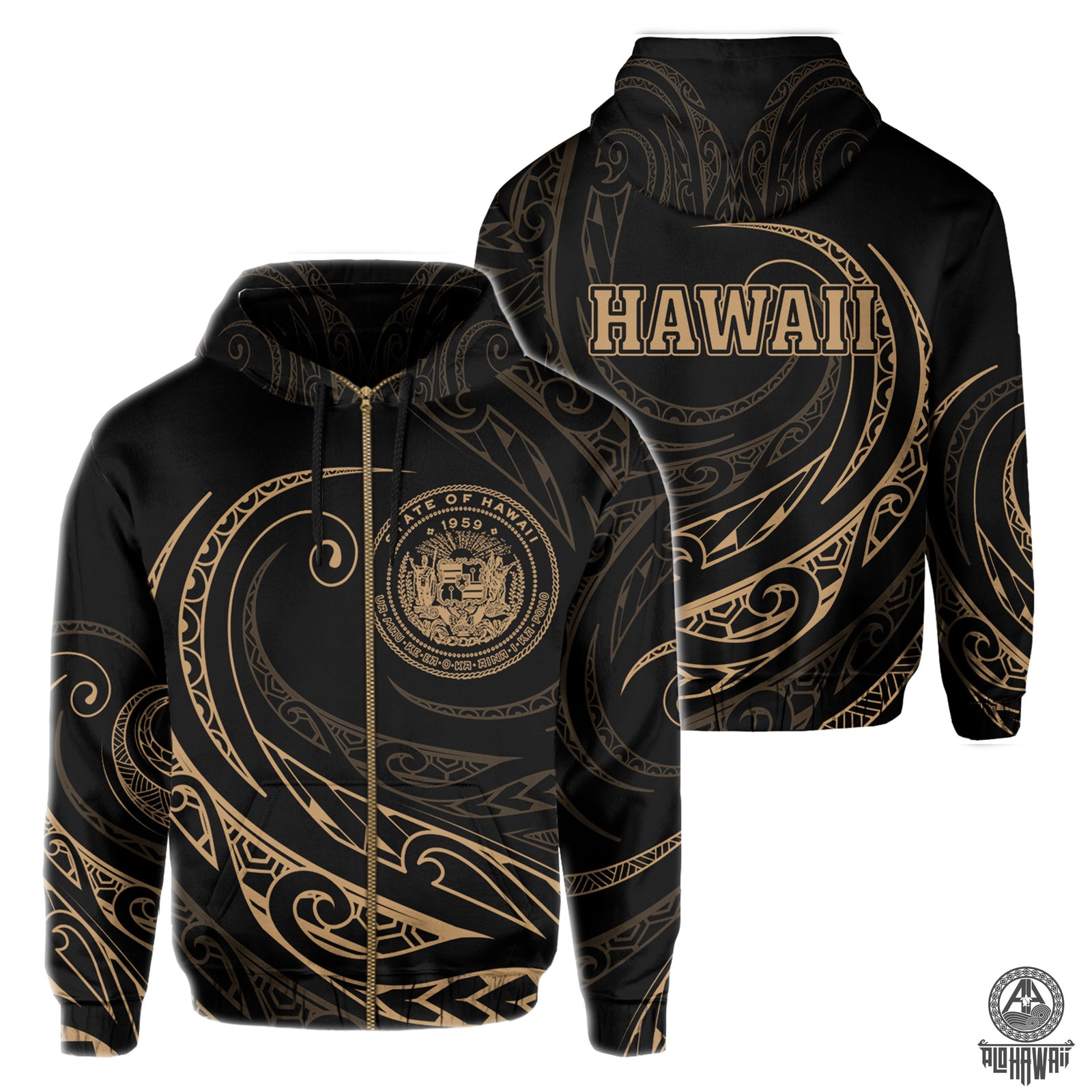 Kanaka Zipper Hoodie Frida Style Gold Unisex Black - Polynesian Pride