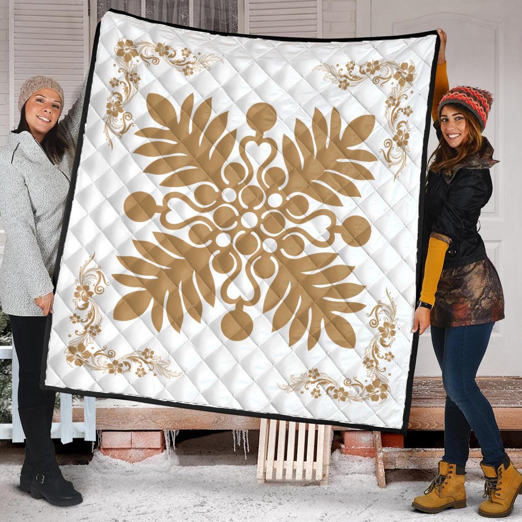 Hawaiian Quilt Maui Plant And Hibiscus Premium Quilt - Gold White - AH - Polynesian Pride