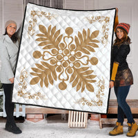 Hawaiian Quilt Maui Plant And Hibiscus Premium Quilt - Gold White - AH - Polynesian Pride