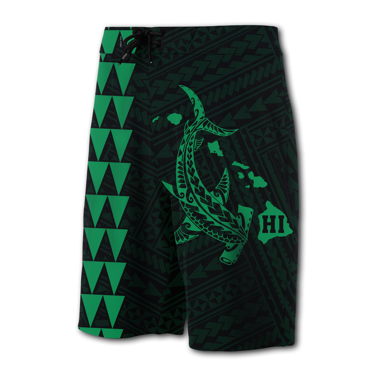 Hawaii Kakau Polynesian Hammerhead Shark Board Shorts - Green - Polynesian Pride