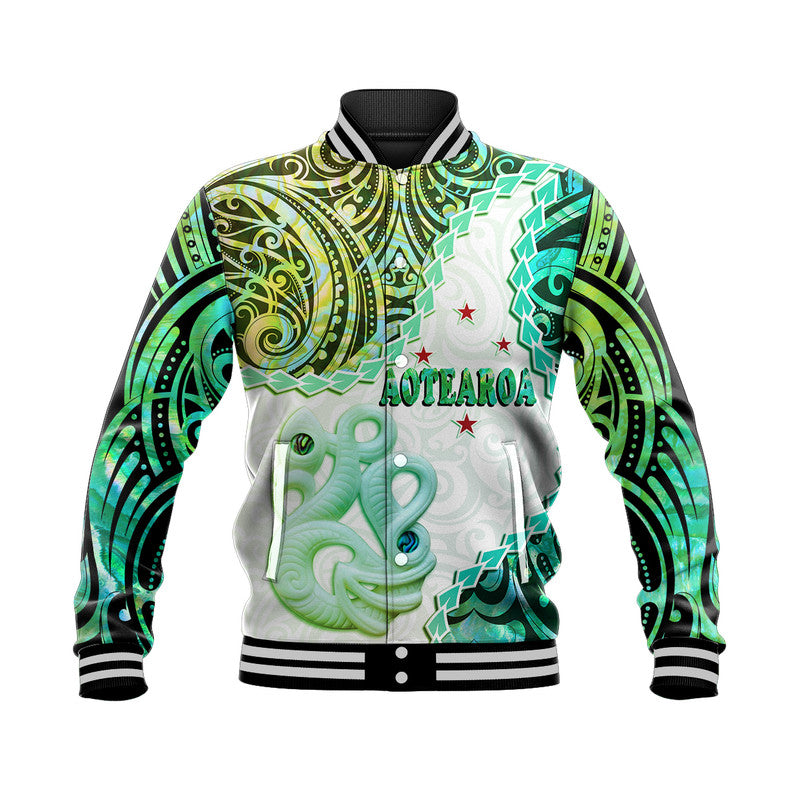 New Zealand Maori Baseball Jacket Aotearoa Manaia Green Paua Shell - Kia Ora LT9 Unisex Green - Polynesian Pride