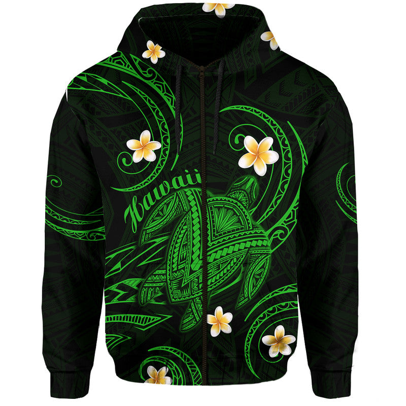 Custom Hawaii Hoodiean Turtle Plumeria Mixed Polynesian Green Style LT9 Zip Hoodie Green - Polynesian Pride
