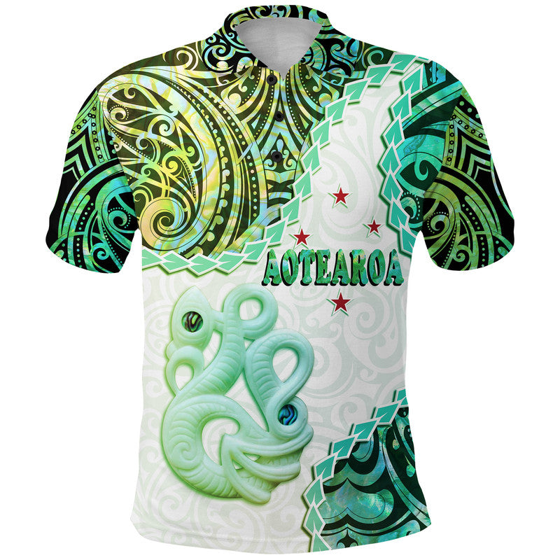 New Zealand Maori Polo Shirt Aotearoa Manaia Green Paua Shell Heare Ra LT9 Adult Green - Polynesian Pride