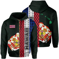 Polynesian Kakau Hawaii Flag Royal Coat of Arms Hawaii Zip Hoodie Green Unisex Green - Polynesian Pride