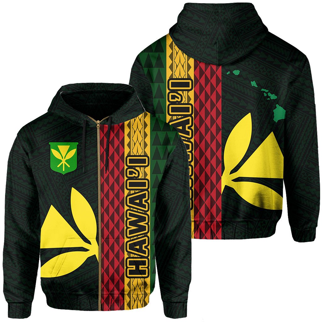 Polynesian Kakau Kanaka Flag Map of Hawaii Zip Hoodie Green Unisex Green - Polynesian Pride
