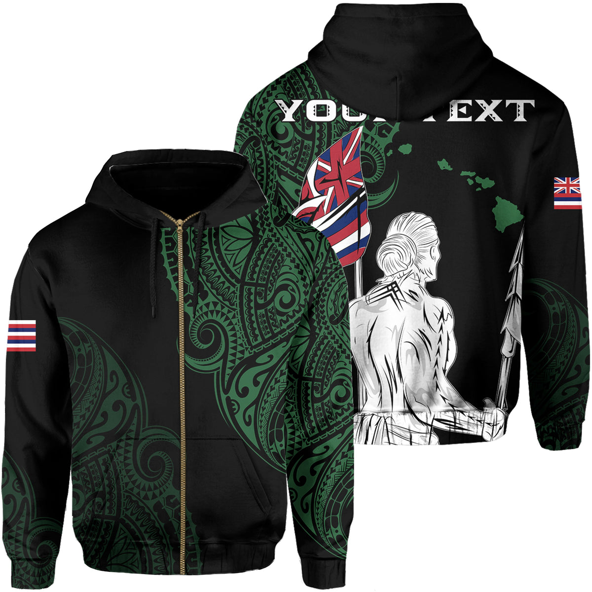 Personalized Hawaii Map Polynesian Warrior Ikaika Hoodie Zip William Style Green Unisex Black - Polynesian Pride