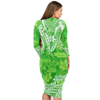 Polynesian Long Sleeves Bodycon Dress Tapa Plumeria Style - Green LT7 - Polynesian Pride