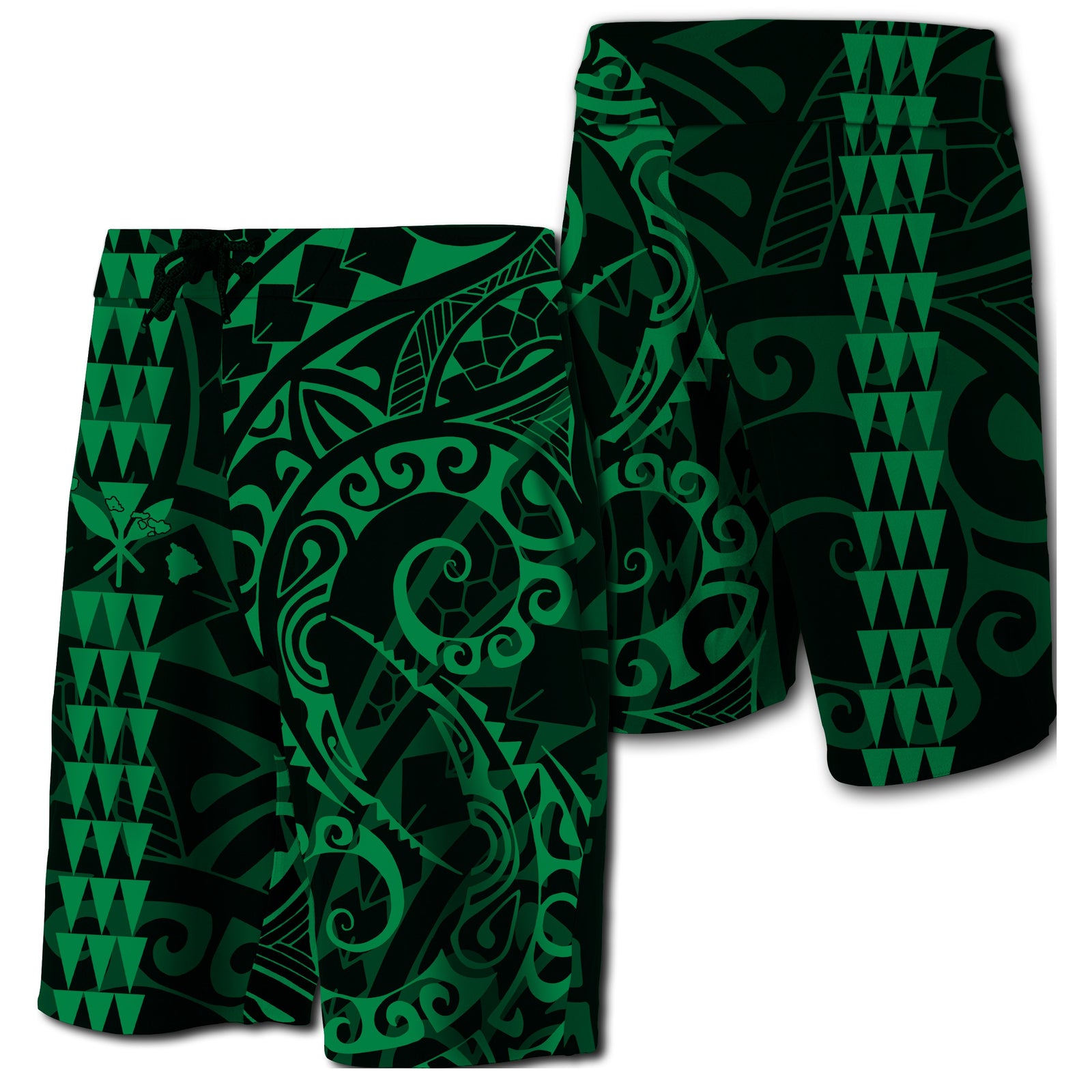 Hawaii Kakau Polynesian Kanaka Board Shorts - Green - Snapy Style Men Green - Polynesian Pride