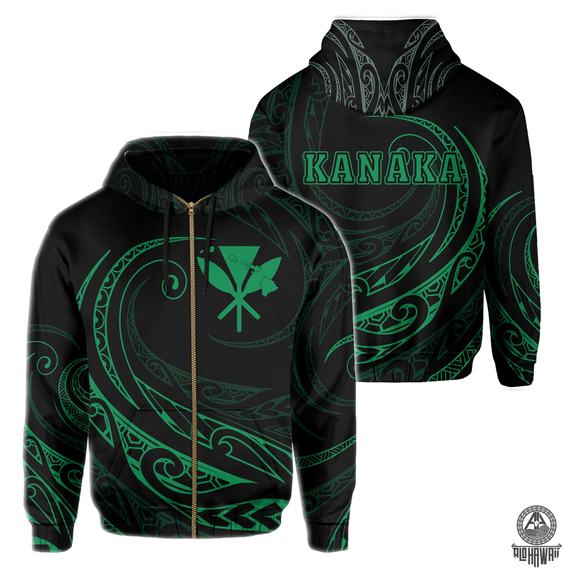 Kanaka Zipper Hoodie Frida Style Green Unisex Black - Polynesian Pride