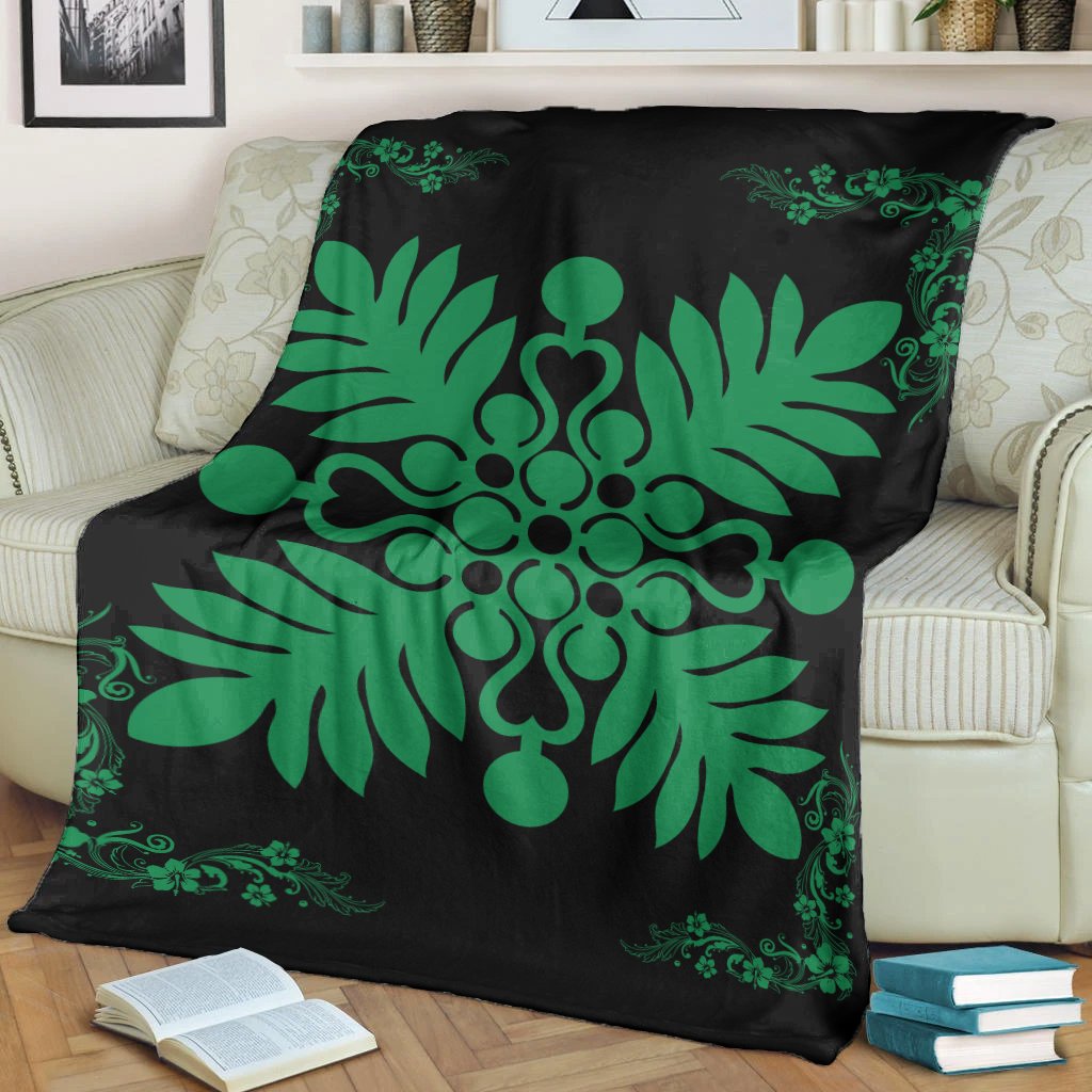 Hawaiian Quilt Maui Plant And Hibiscus Premium Blanket - Green Black - AH - Polynesian Pride