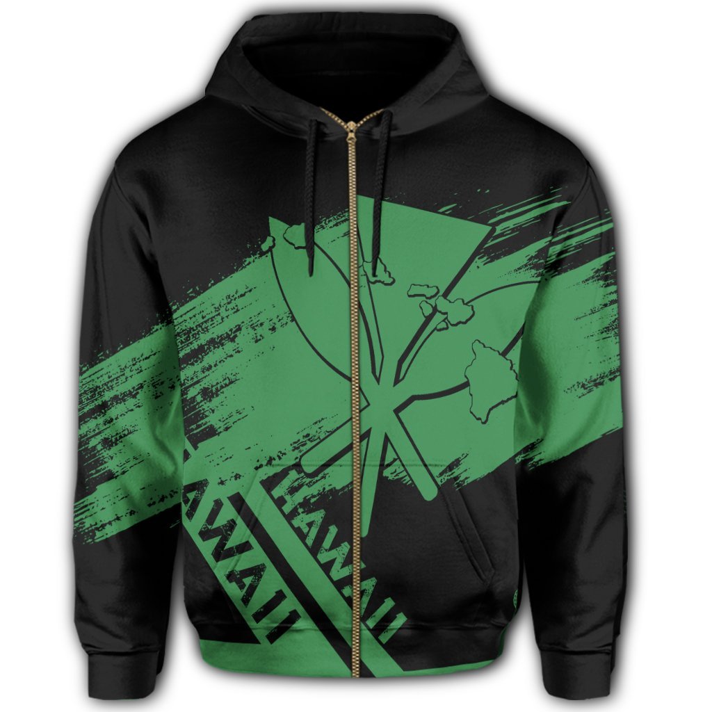 Hawaiian Map Kanaka Identifier Hoodie Zip Green Brusch Style - Polynesian Pride