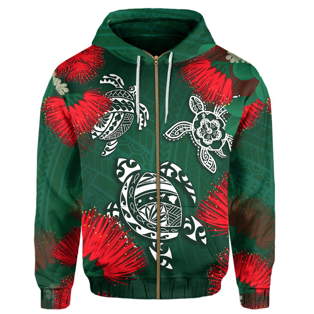 Hawaii Lehua Flowers Turtle Poly Zipper Hoodie Ser Style - Polynesian Pride