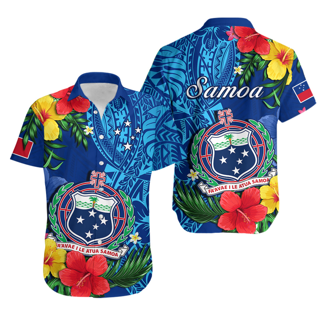 Samoa Hawaiian Shirt Coat Of Arms Mix Tropical Flowers LT14 Blue - Polynesian Pride