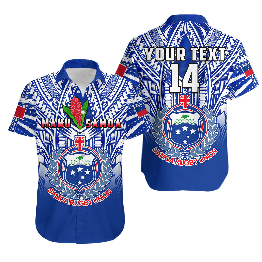 (Custom Text And Number) Samoa Rugby Hawaiian Shirt Manu Samoa 7s Ginger Blue Polynesian LT14 Blue - Polynesian Pride