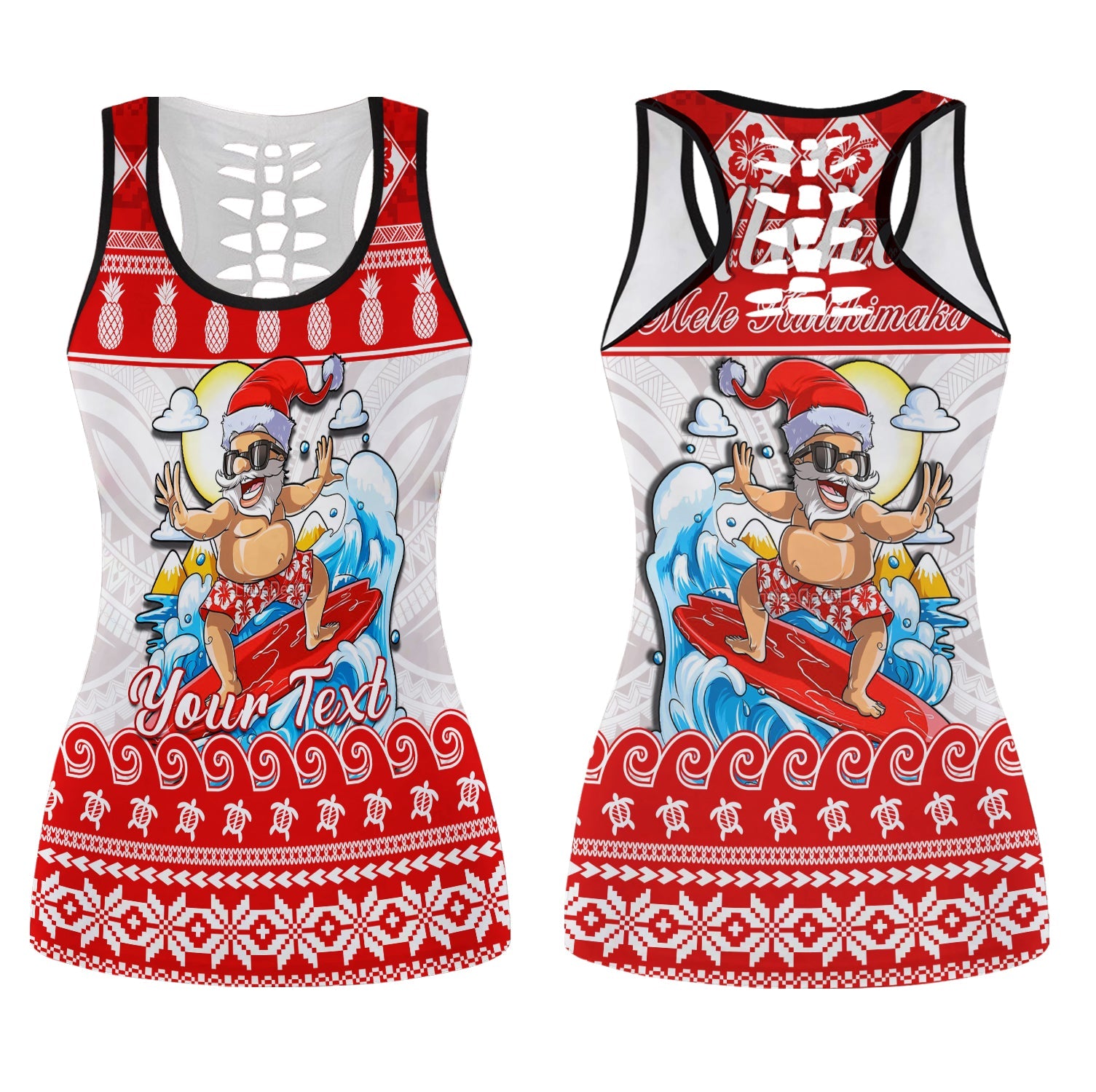 Custom Personalised Hawaii Christmas Hollow Tank Top Surfing Santa Mele Kalikimaka Polynesian LT14 Female Red - Polynesian Pride