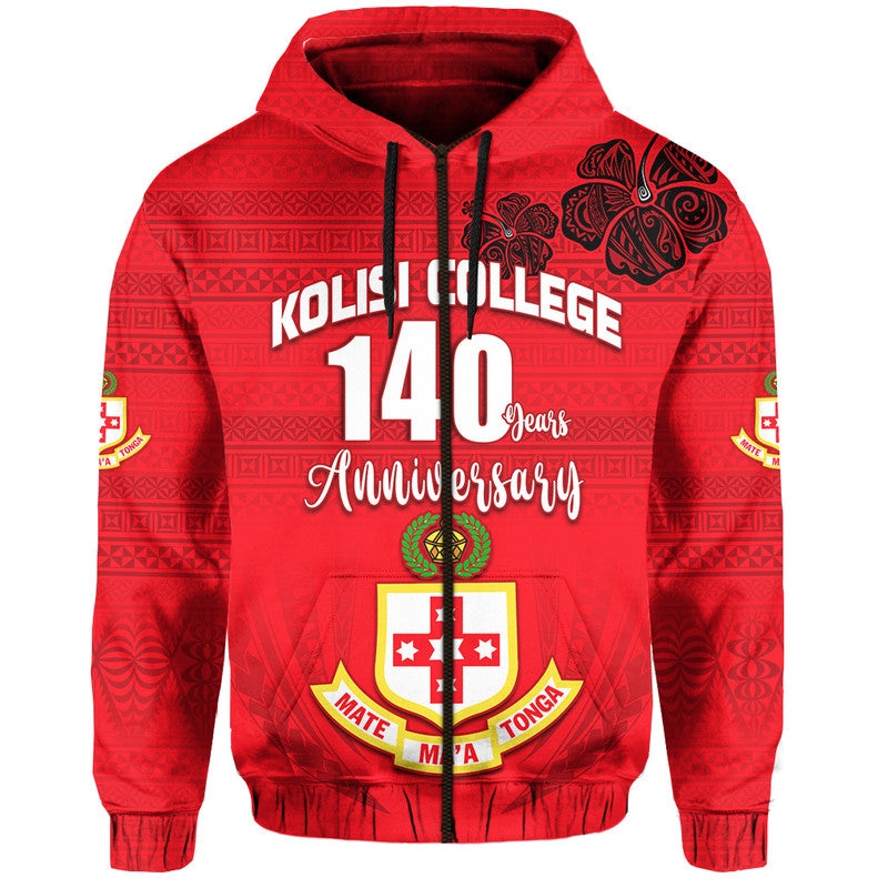 Kolisi Tonga College Atele Hoodie 140 Years Anniversary Tongan Ngatu LT13 Zip Hoodie Red - Polynesian Pride